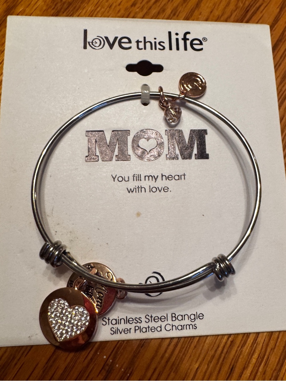 Love This Life Silver MOM Charm Bangle Bracelet